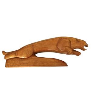 Vintage Hand Carved Wooden Leaping Jaguar Big Cat Signed RB 1989, 9”L x 3.5”H